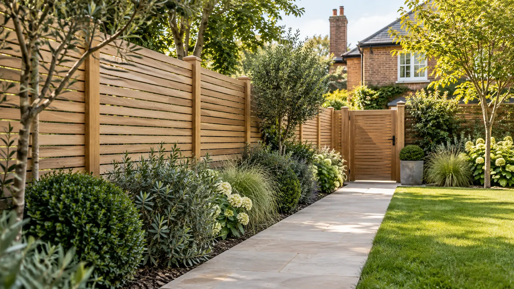 Natural timber slatted garden fence and matching gate beside a stone path