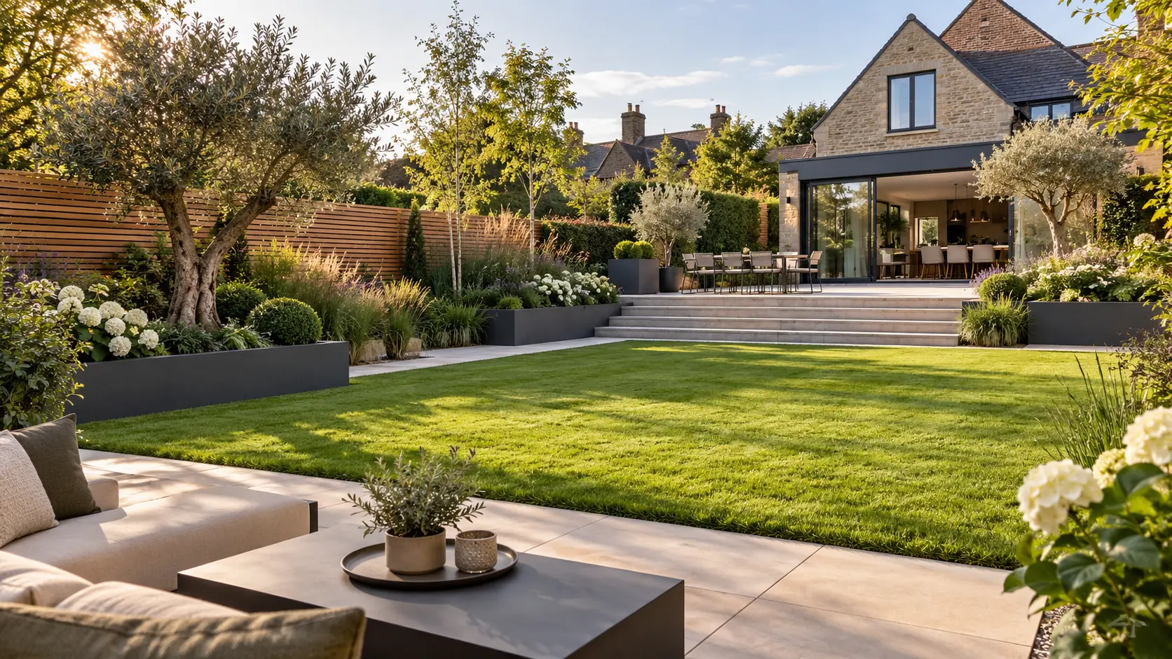 Landscaped garden with lawn, raised planting beds, pale stone steps and timber fencing