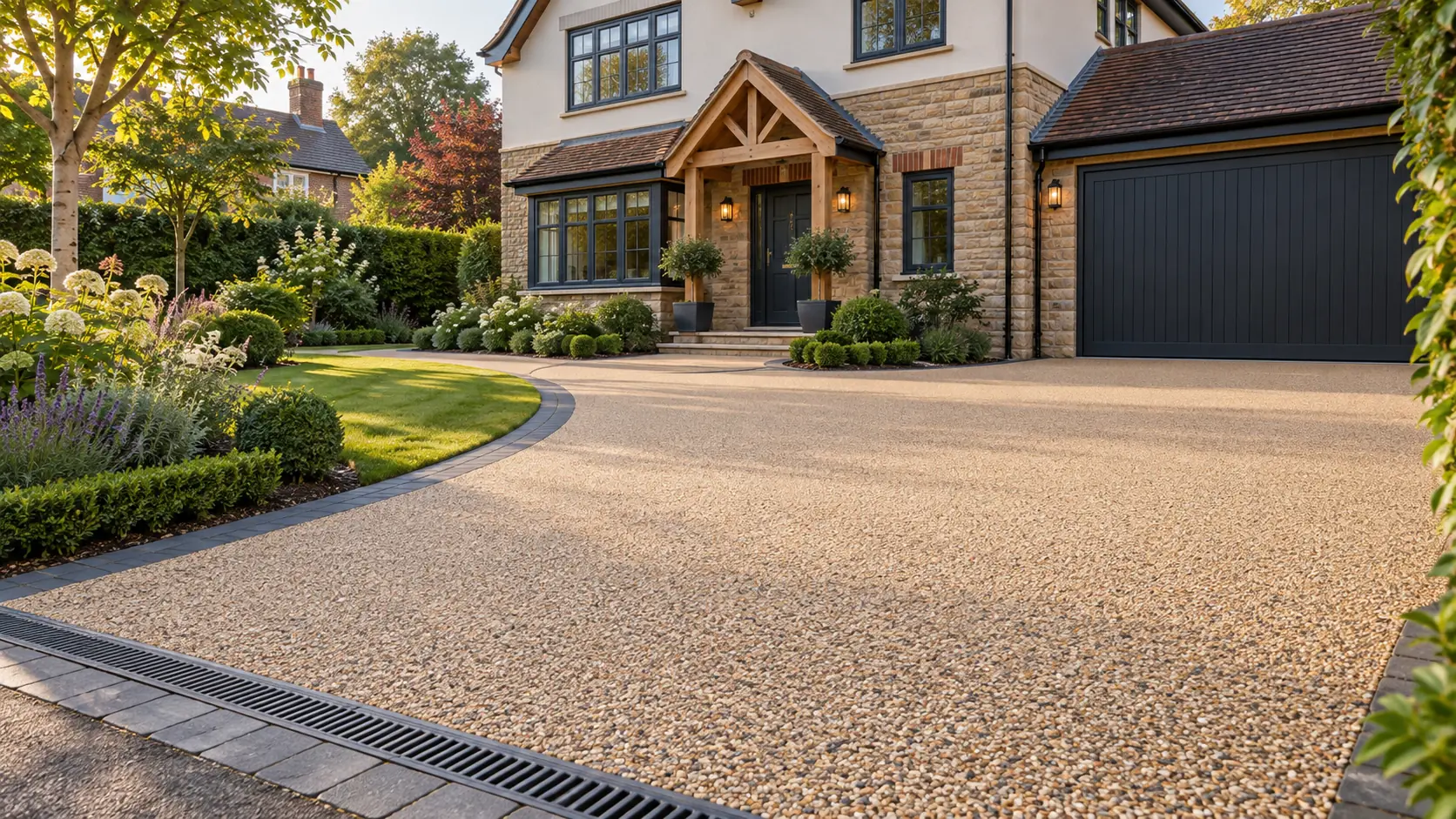 Warm buff resin-bound driveway with charcoal edging and planted borders